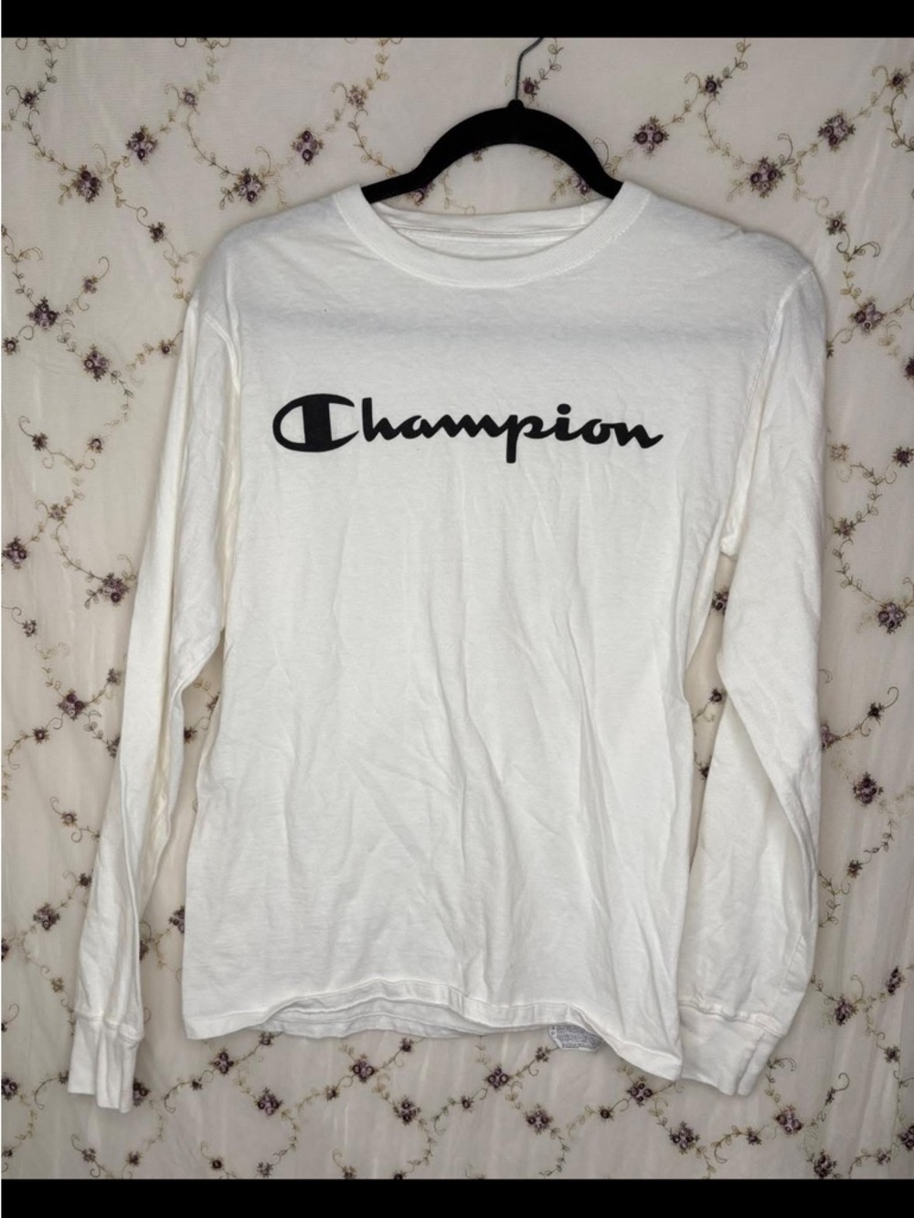 Champion White Long Sleeve Logo Shirt with Black Script